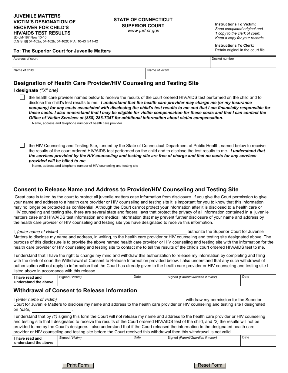 Form JD-JM-187 Juvenile Matters Victims Designation of Receiver for Childs HIV / AIDS Test Results - Connecticut, Page 1