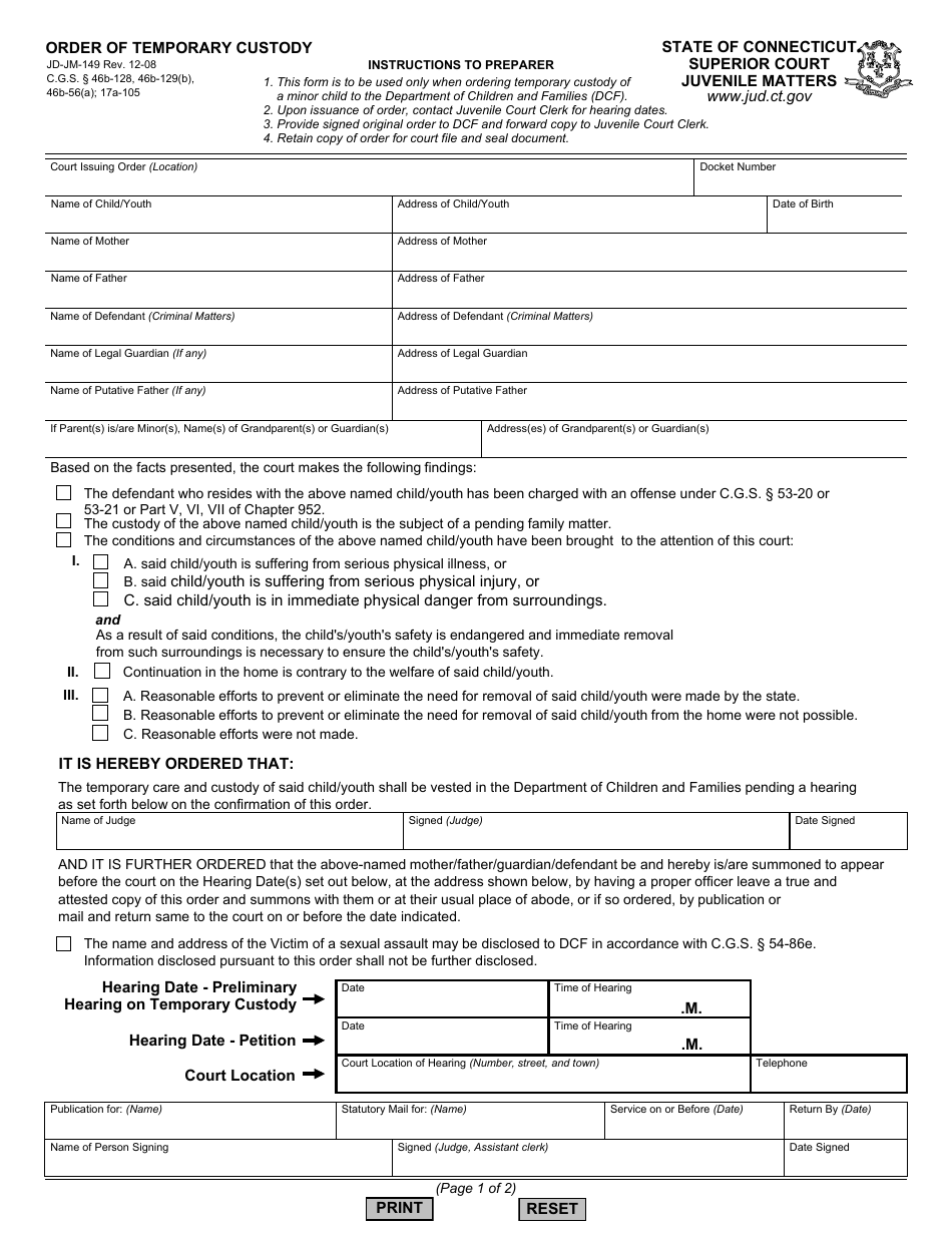 Form JD-JM-149 Order of Temporary Custody - Connecticut, Page 1