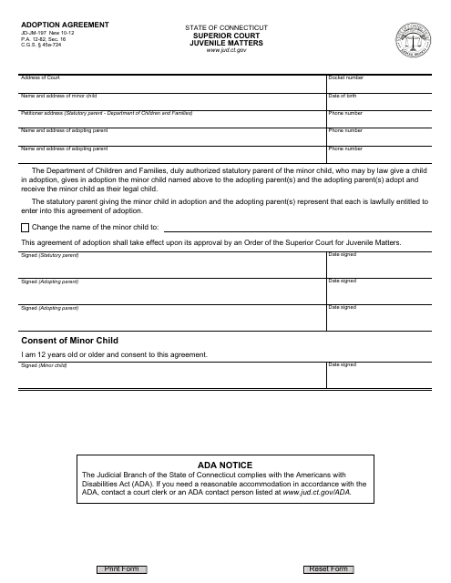 Form JD-JM-197 Adoption Agreement - Connecticut