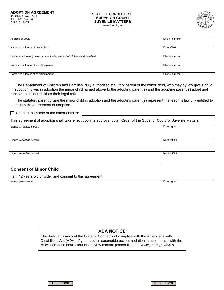 Form JD-JM-197 Adoption Agreement - Connecticut, Page 1