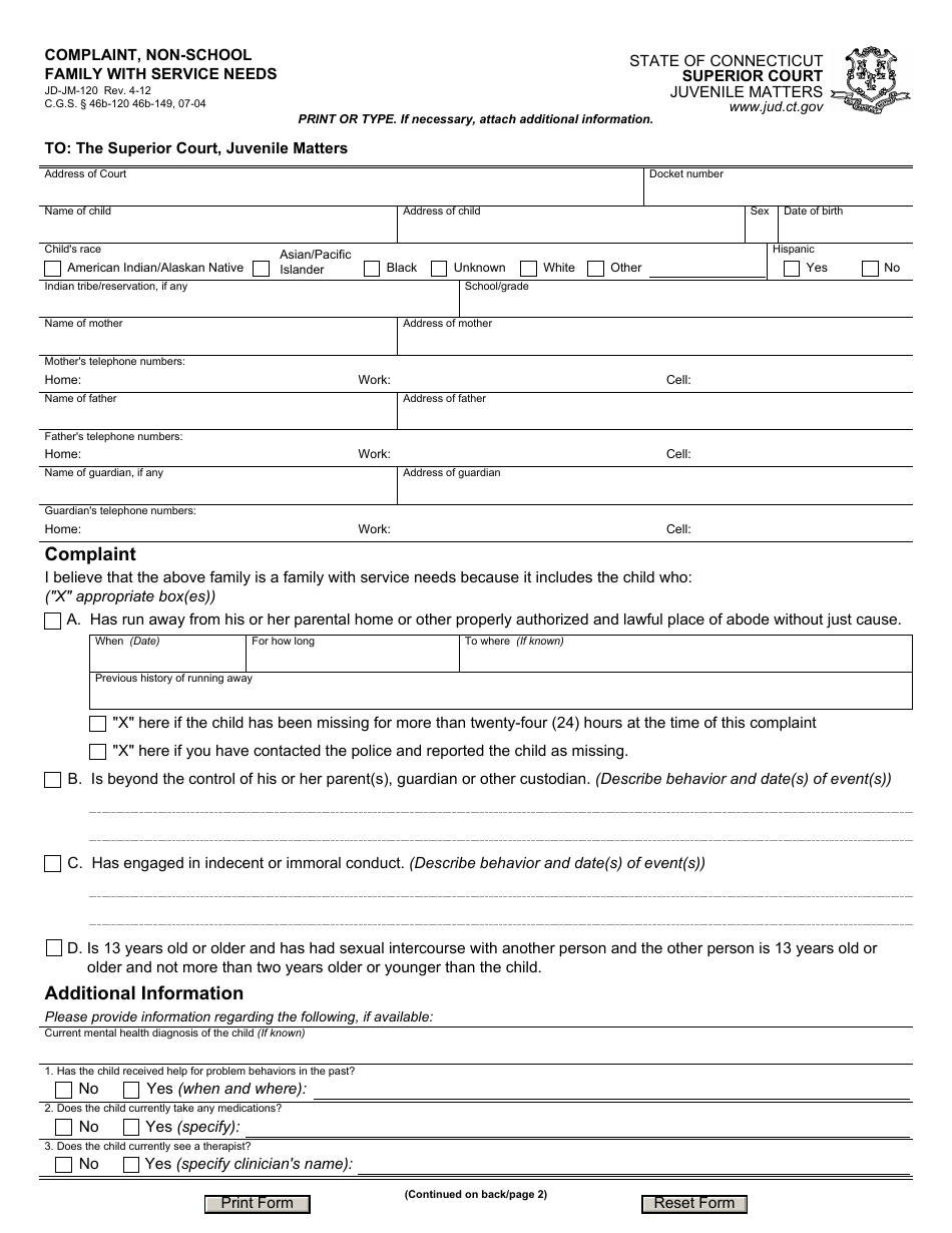 Form JD-JM-120 Complaint, Non-school Family With Service Needs - Connecticut, Page 1