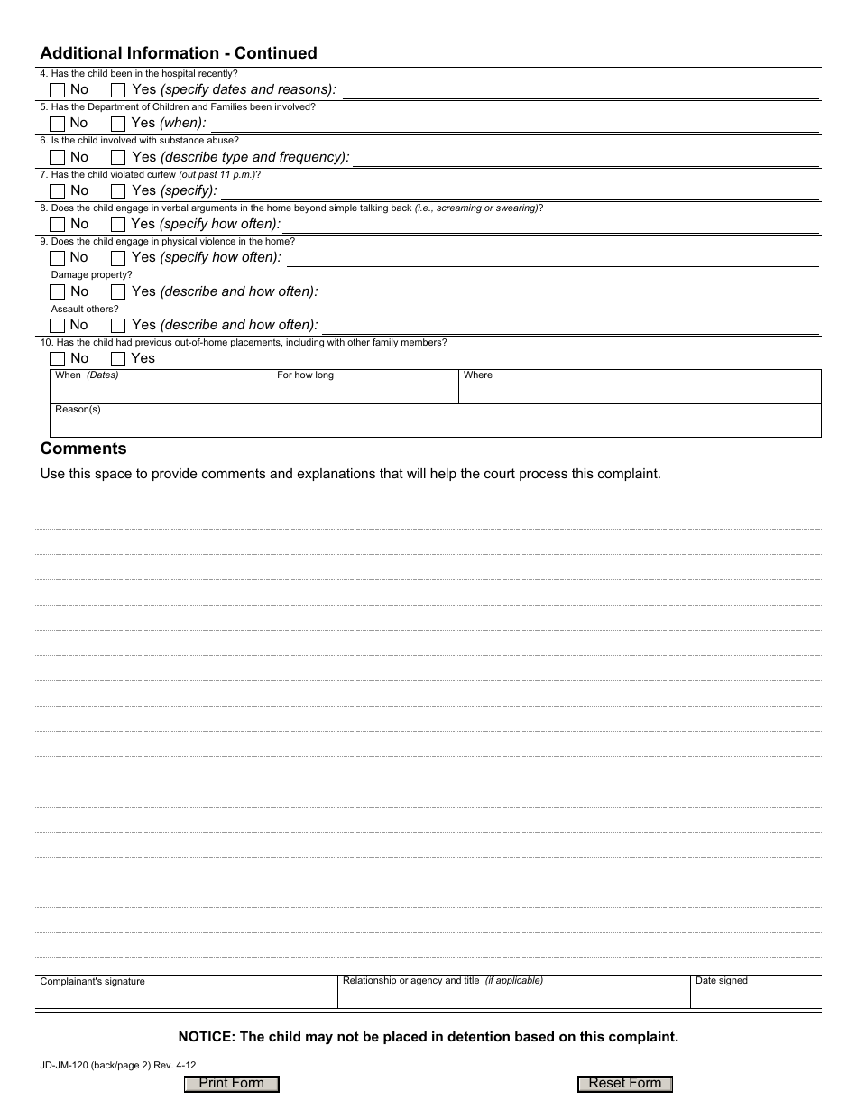 Form JD-JM-120 Complaint, Non-school Family With Service Needs - Connecticut, Page 2