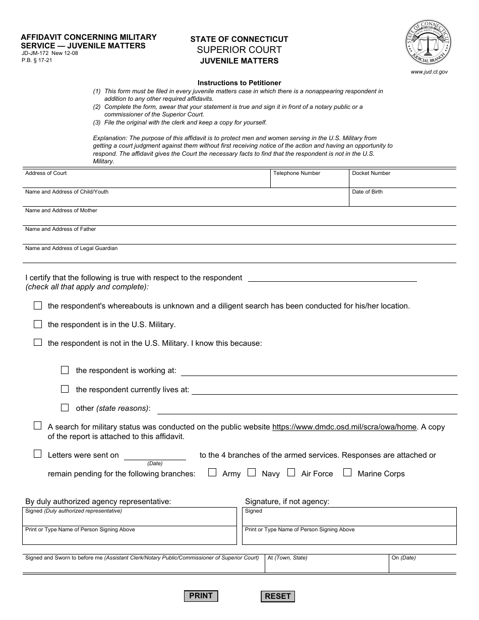 Form JD-FM-172 Affidavit Concerning Military Service - Juvenile Matters - Connecticut, Page 1