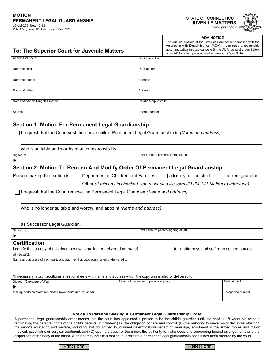 Form JD-JM-203 Motion  Permanent Legal Guardianship - Connecticut, Page 1