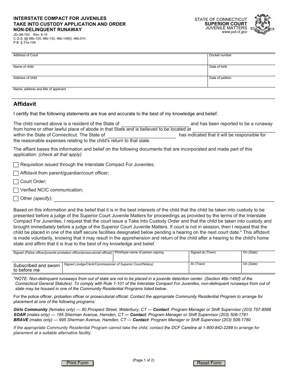 Form JD-JM-193 Interstate Compact for Juveniles Take Into Custody Application and Order Non-delinquent Runaway - Connecticut, Page 1