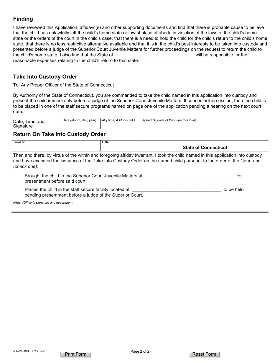 Form JD-JM-193 Interstate Compact for Juveniles Take Into Custody Application and Order Non-delinquent Runaway - Connecticut, Page 2