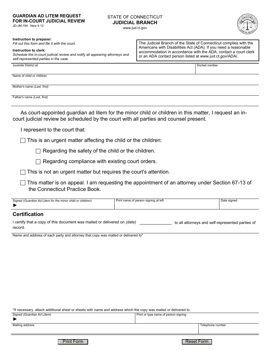 Form JD-JM-194 Guardian Ad Litem Request for in Court Judicial Review - Connecticut, Page 1