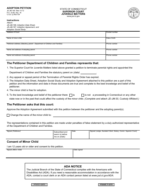 Form JD-JM-195 Adoption Petition - Connecticut
