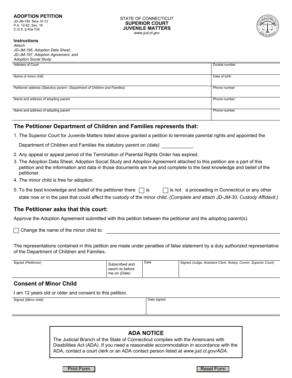Form JD-JM-195 Adoption Petition - Connecticut, Page 1