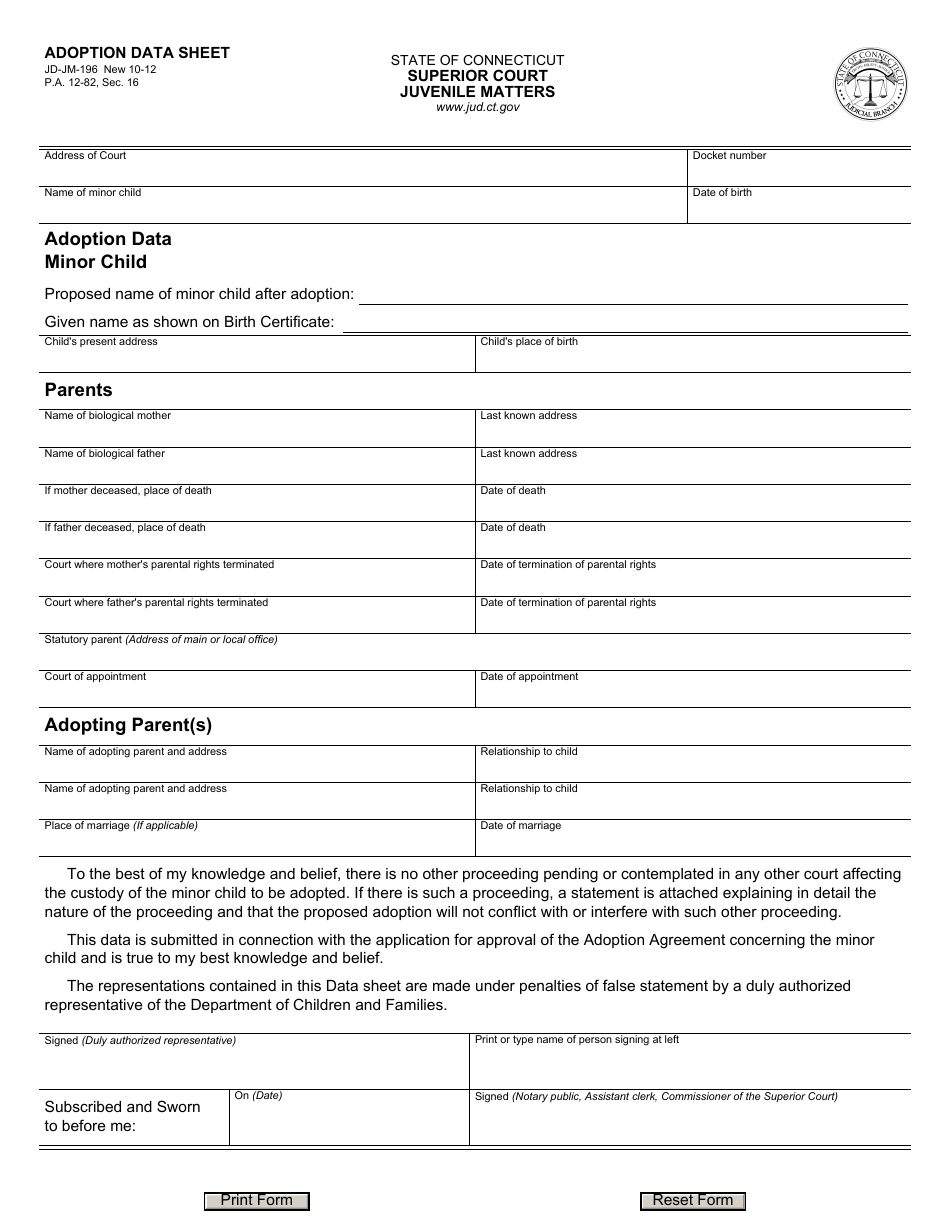 Form JD-JM-196 Adoption Data Sheet - Connecticut, Page 1