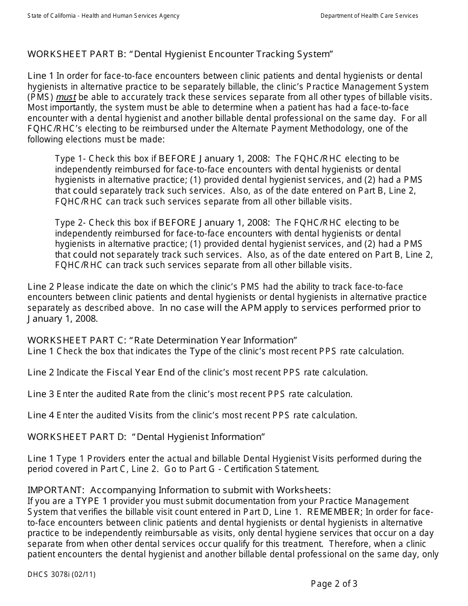 Instructions for Form DHCS3078 Federally Qualified Health Center / Rural Health Clinic Dental Hygienist Services Alternate Payment Methodology Worksheet - California, Page 2