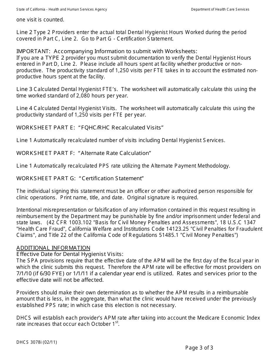 Instructions for Form DHCS3078 Federally Qualified Health Center / Rural Health Clinic Dental Hygienist Services Alternate Payment Methodology Worksheet - California, Page 3