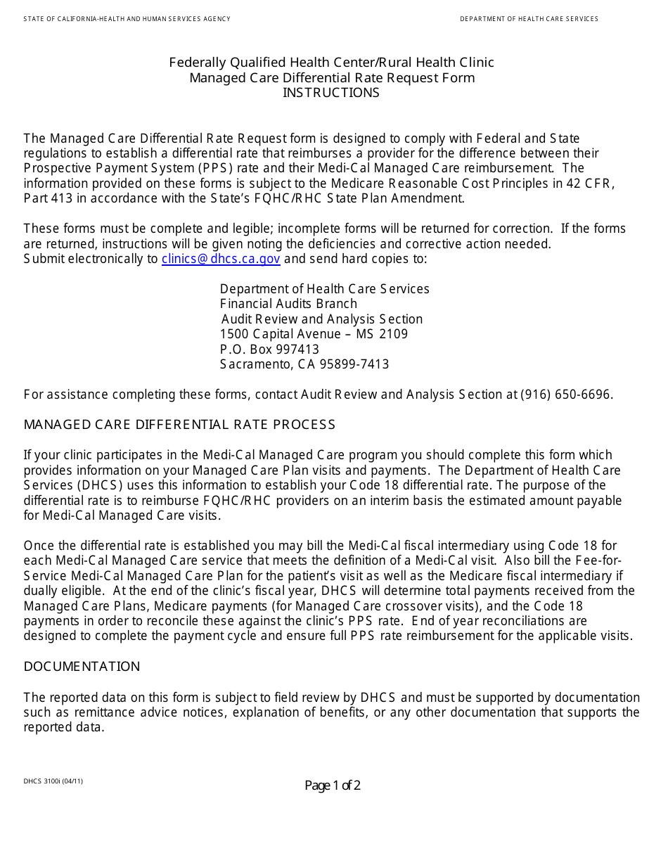 Download Instructions for Form DHCS3100 Federally Qualified Health ...