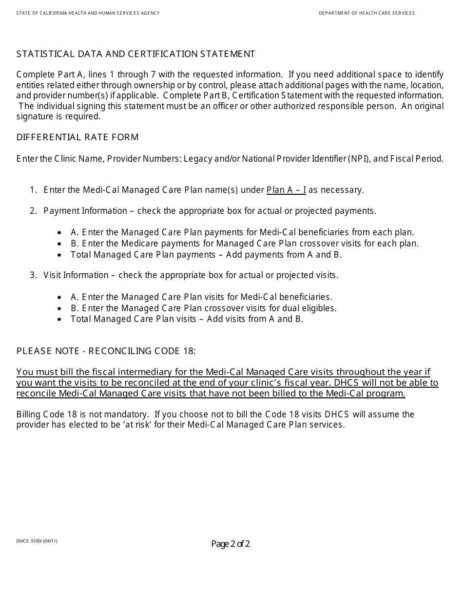 Instructions for Form DHCS3100 Federally Qualified Health Center / Rural Health Clinic Managed Care Differential Rate Request Form - California, Page 2