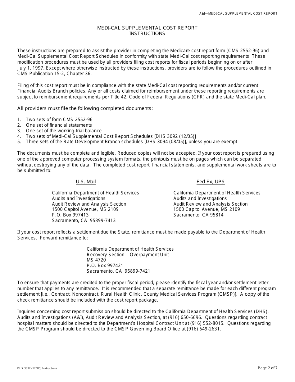 Download Instructions for Form DHS3092 Medi-Cal Supplemental Cost ...