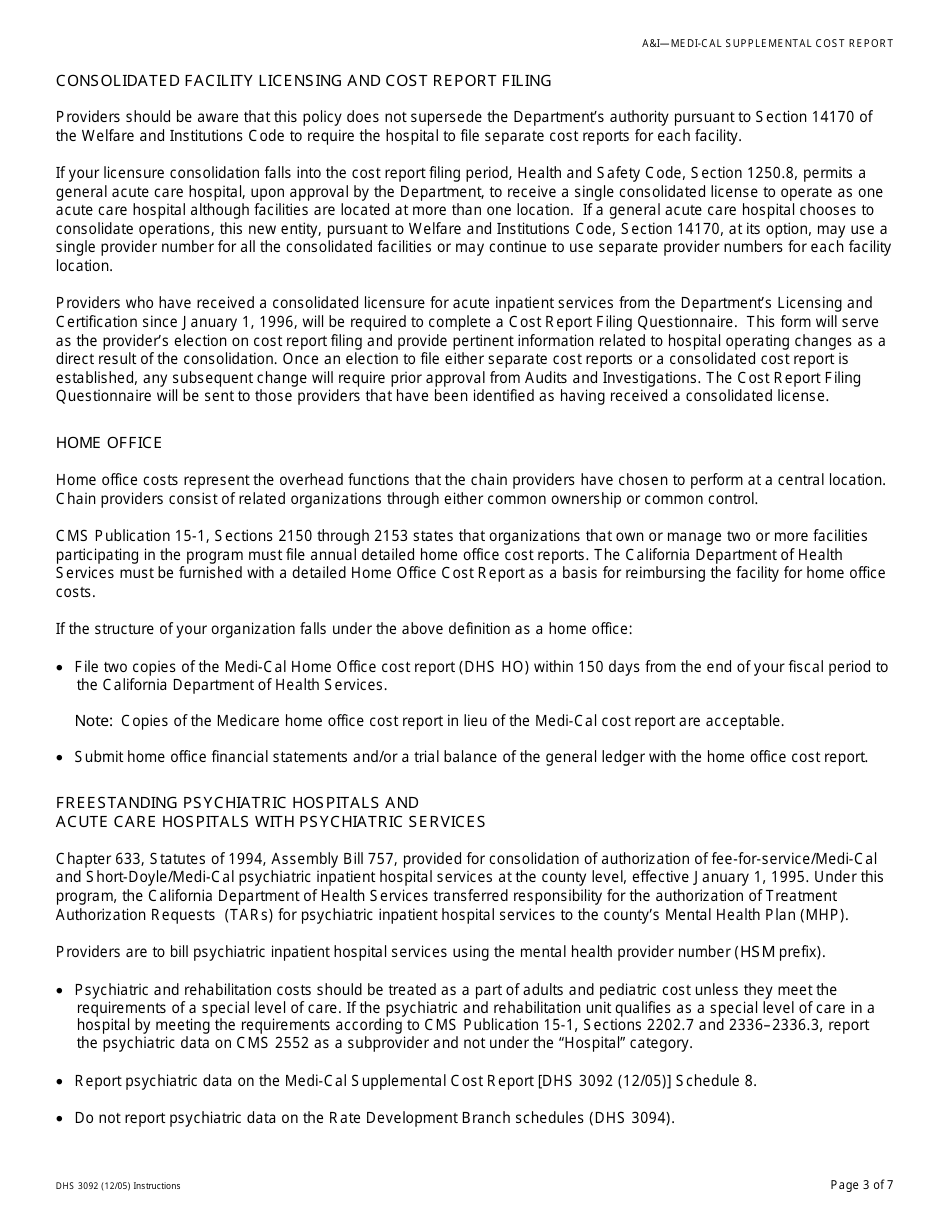 Instructions for Form DHS3092 Medi-Cal Supplemental Cost Report - California, Page 3