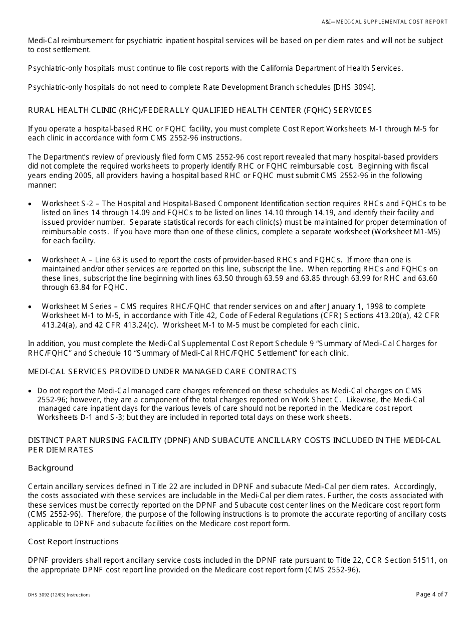Instructions for Form DHS3092 Medi-Cal Supplemental Cost Report - California, Page 4
