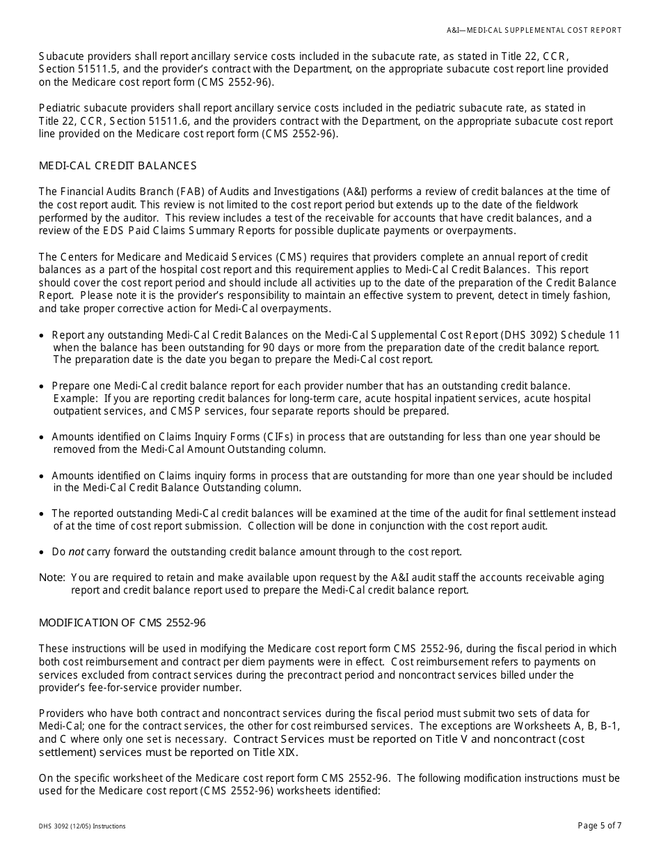 Instructions for Form DHS3092 Medi-Cal Supplemental Cost Report - California, Page 5