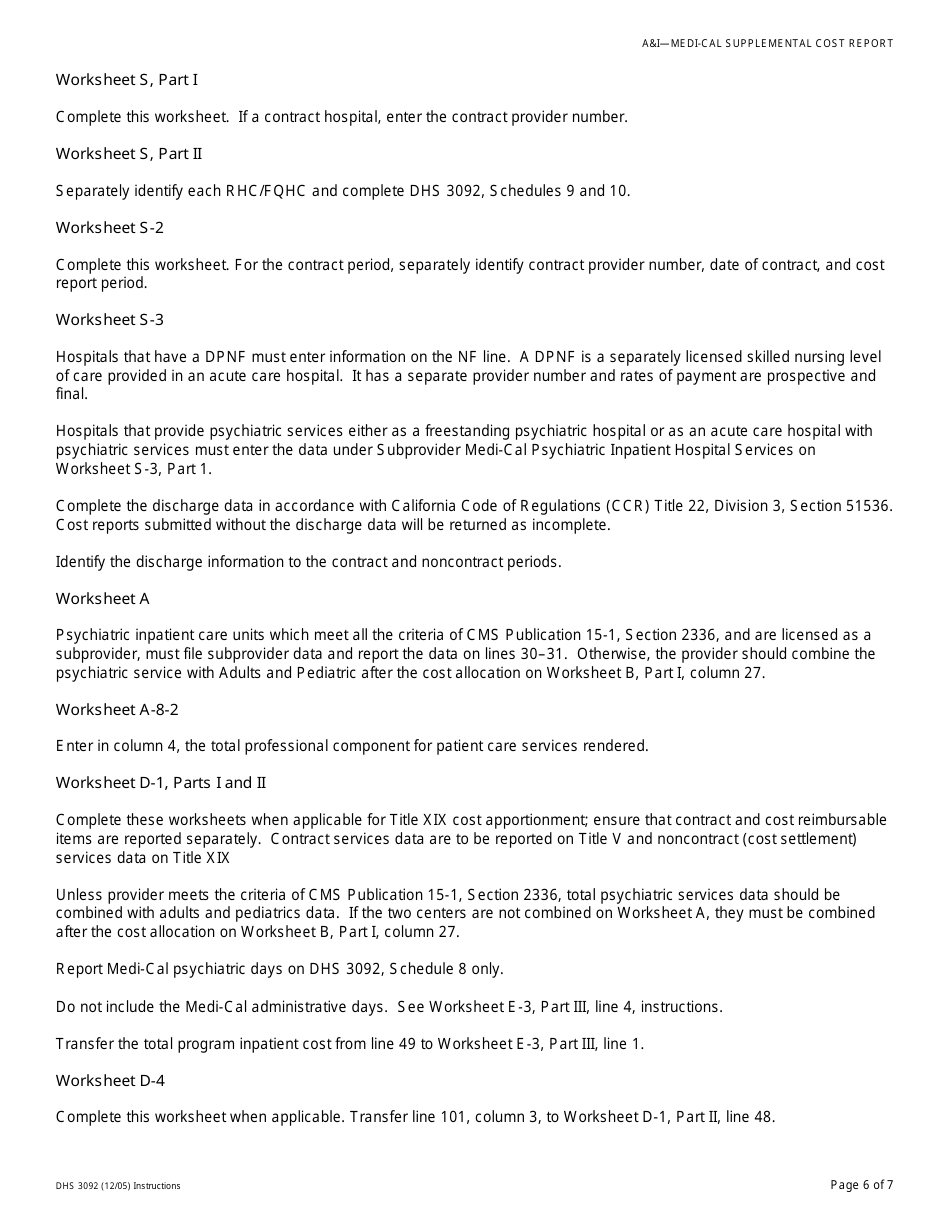 Instructions for Form DHS3092 Medi-Cal Supplemental Cost Report - California, Page 6