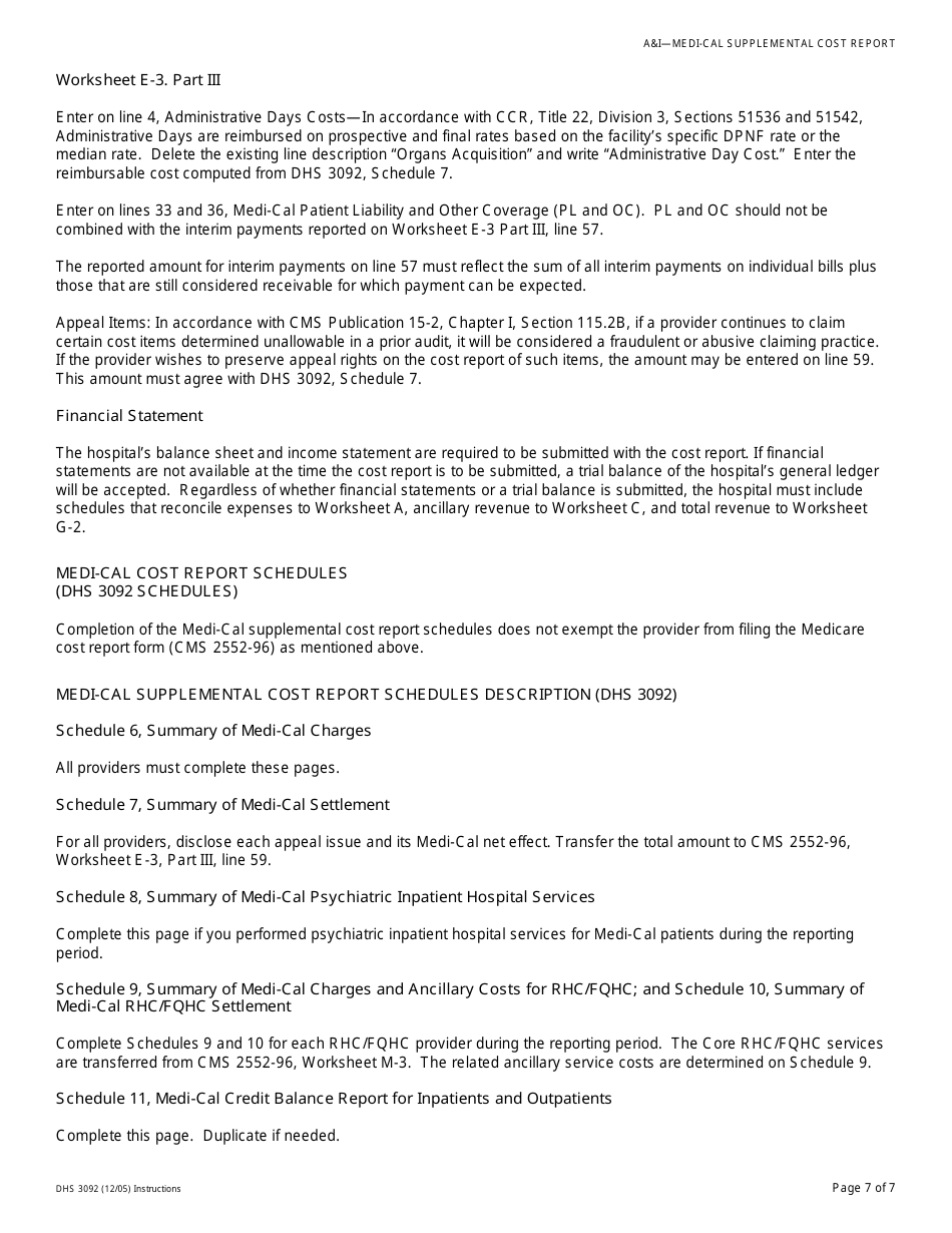 Instructions for Form DHS3092 Medi-Cal Supplemental Cost Report - California, Page 7