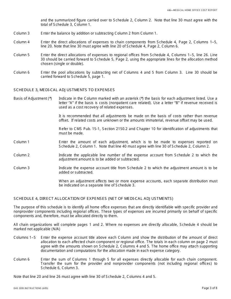 Instructions for Form DHS3095 Medi-Cal Home Office Cost Report - California, Page 3