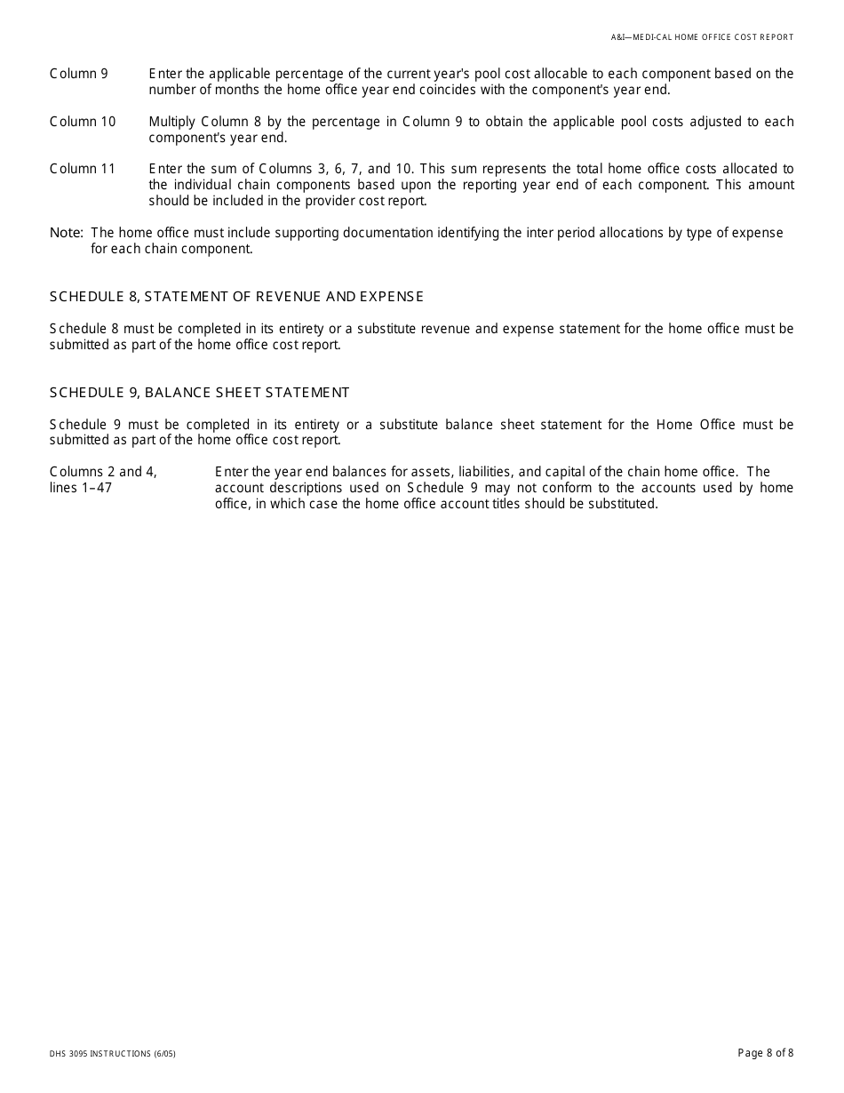 Instructions for Form DHS3095 Medi-Cal Home Office Cost Report - California, Page 8