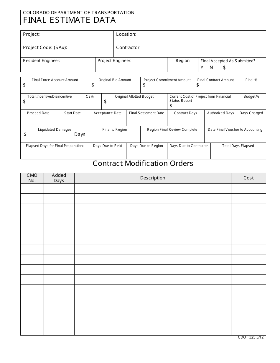 CDOT Form 325 Final Estimate Data - Colorado, Page 1