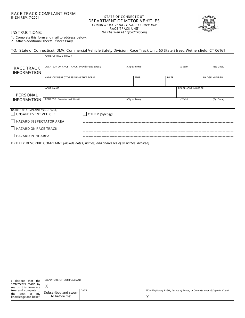 Form R-234 Race Track Complaint Form - Connecticut, Page 1