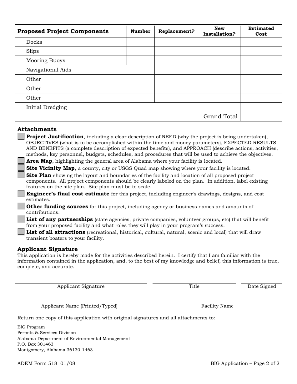 ADEM Form 518 Boating Infrastructure Grant Application - Alabama, Page 2