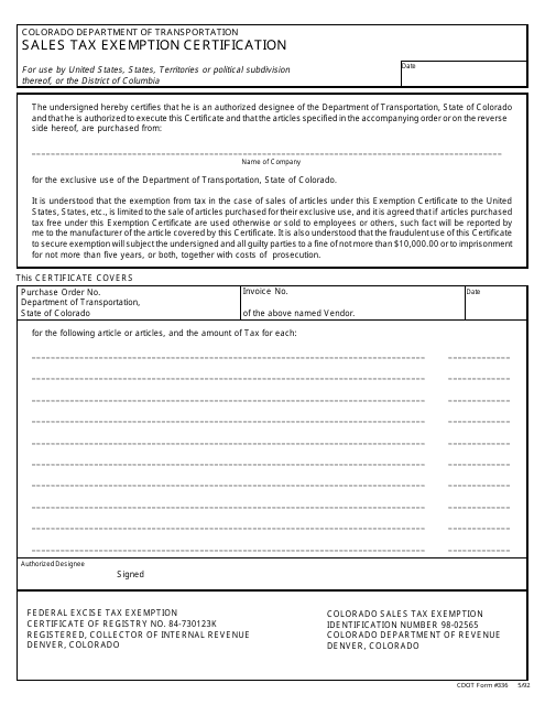 CDOT Form 336 Sales Tax Exemption Certification - Colorado
