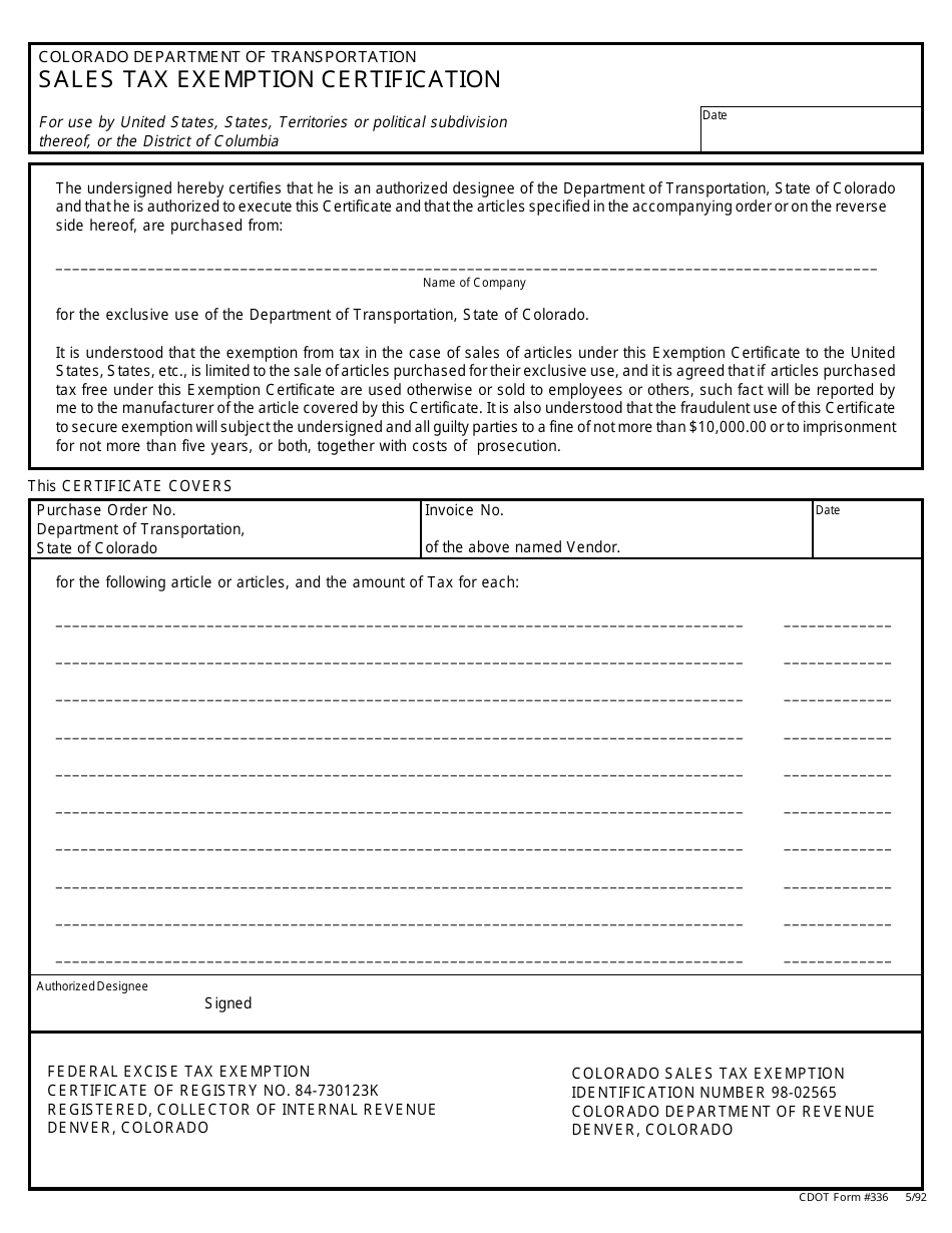 CDOT Form 336 Sales Tax Exemption Certification - Colorado, Page 1