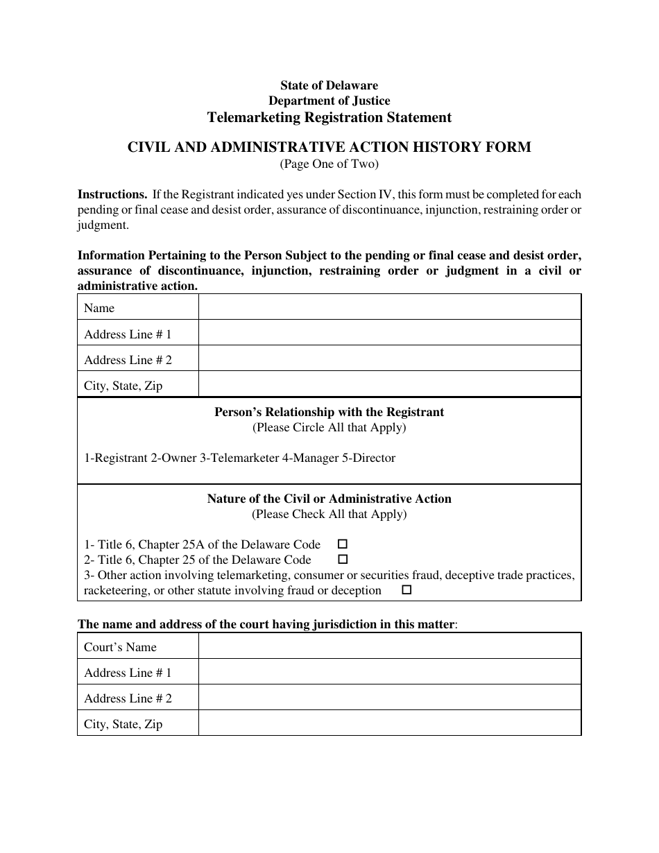 Civil and Administrative Action History Form - Telemarketing Registration Statement - Delaware, Page 1