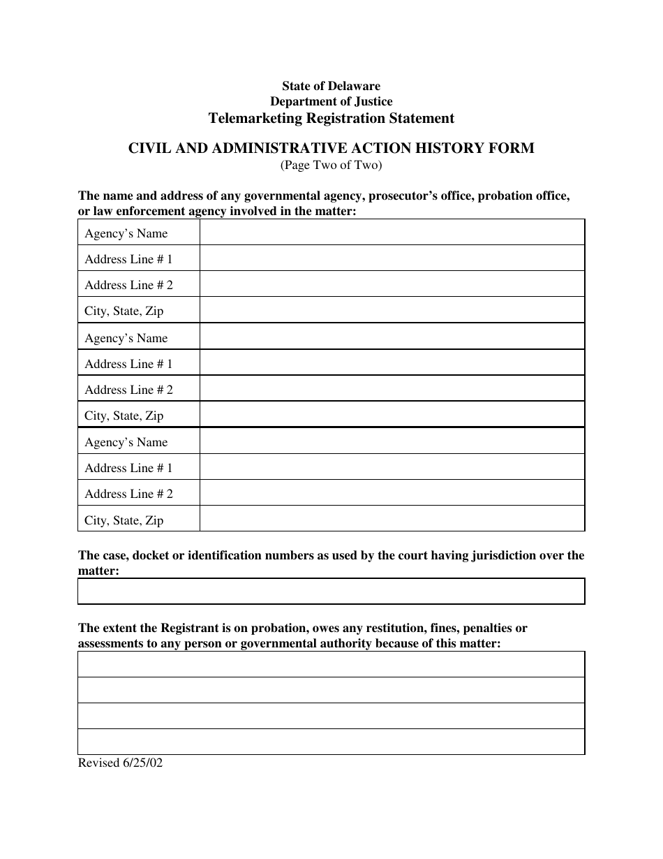 Civil and Administrative Action History Form - Telemarketing Registration Statement - Delaware, Page 2