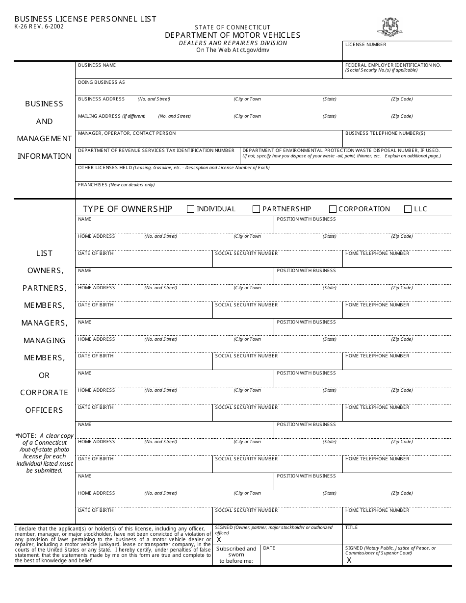 Form K-26 Business License Personnel List - Connecticut, Page 1