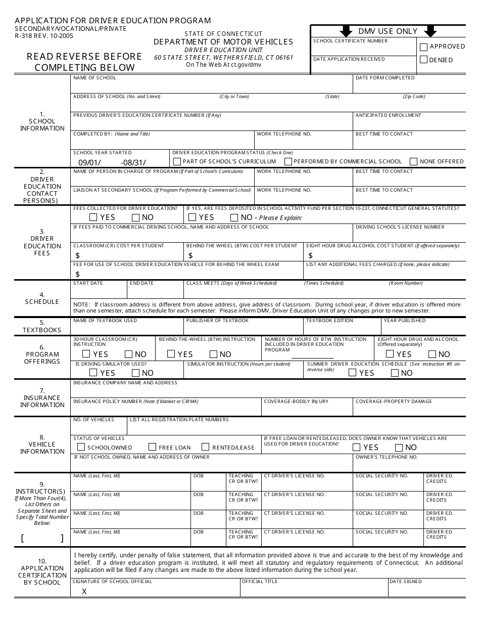 Form R-318 Application for Driver Education Program - Connecticut, Page 1