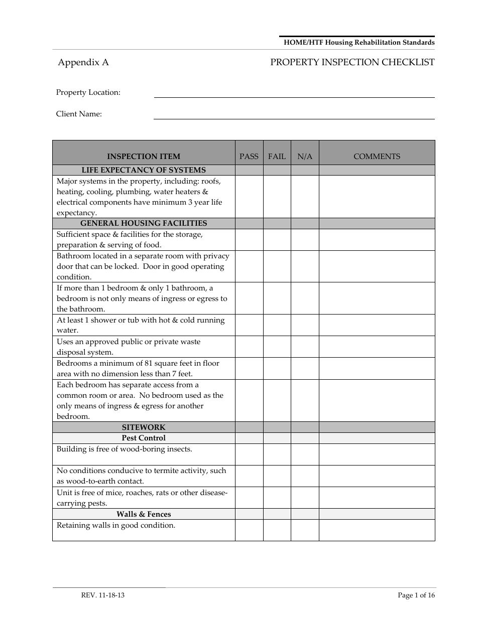 Appendix A Property Inspection Checklist Form - Arizona, Page 1