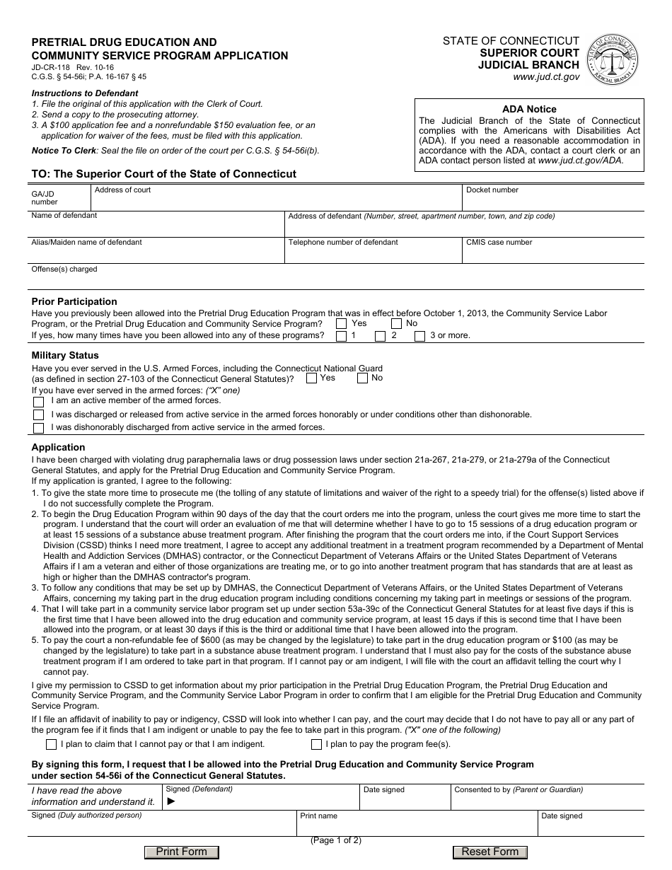 Form JD-CR-118 Pretrial Drug Education and Community Service Program Application - Connecticut, Page 1