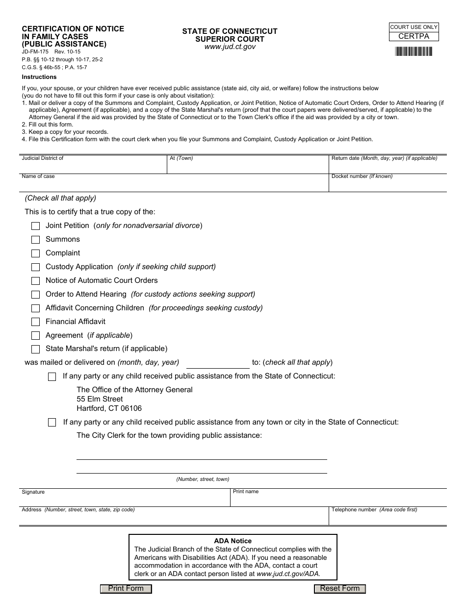 Form JD-FM-175 Certification of Notice in Family Cases (Public Assistance) - Connecticut, Page 1