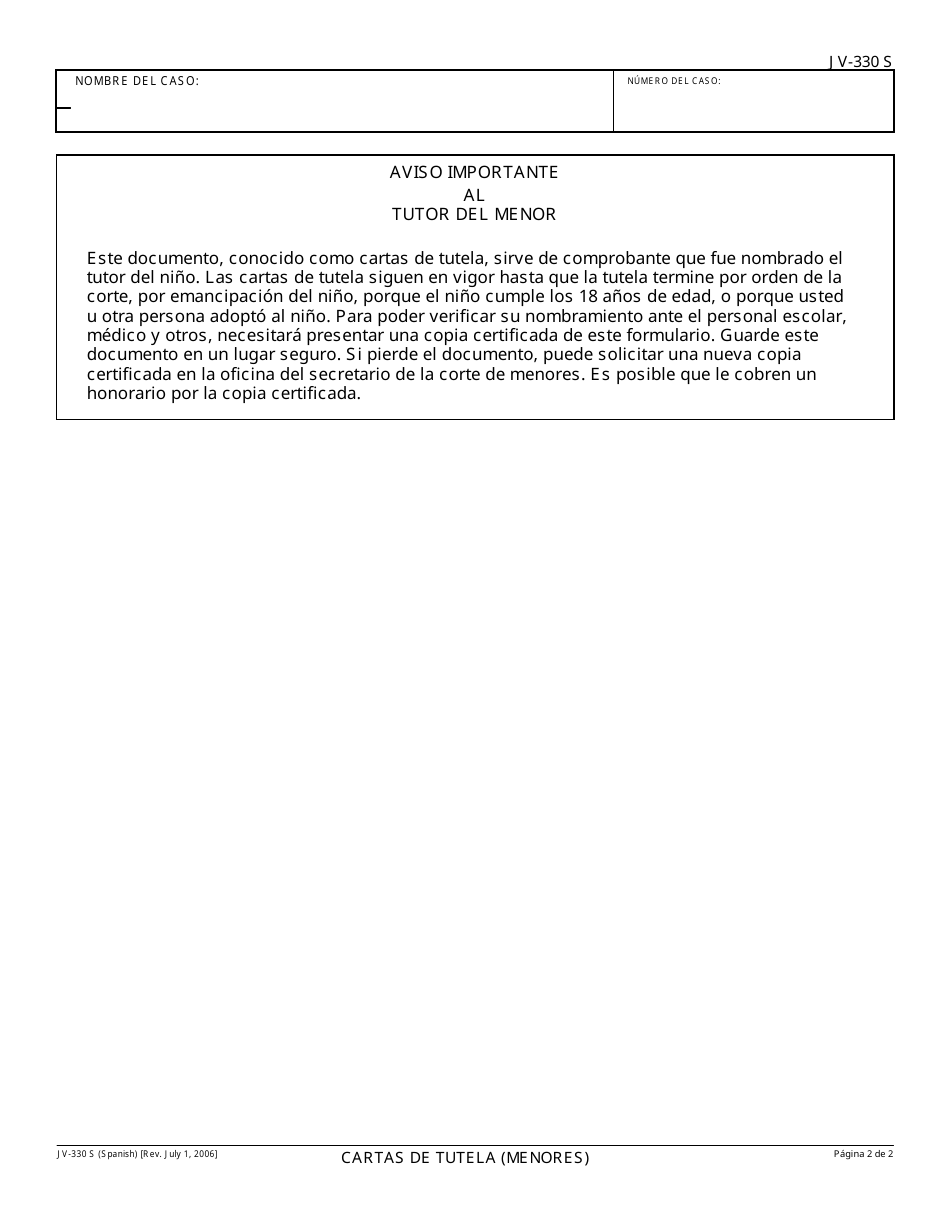 Formulario JV-330 S Cartas De Tutela (Menores) - California (Spanish), Page 2
