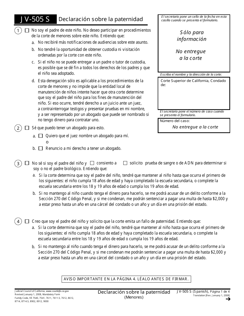 Formulario JV-505 S Declaracion Sobre La Paternidad - California (Spanish), Page 1
