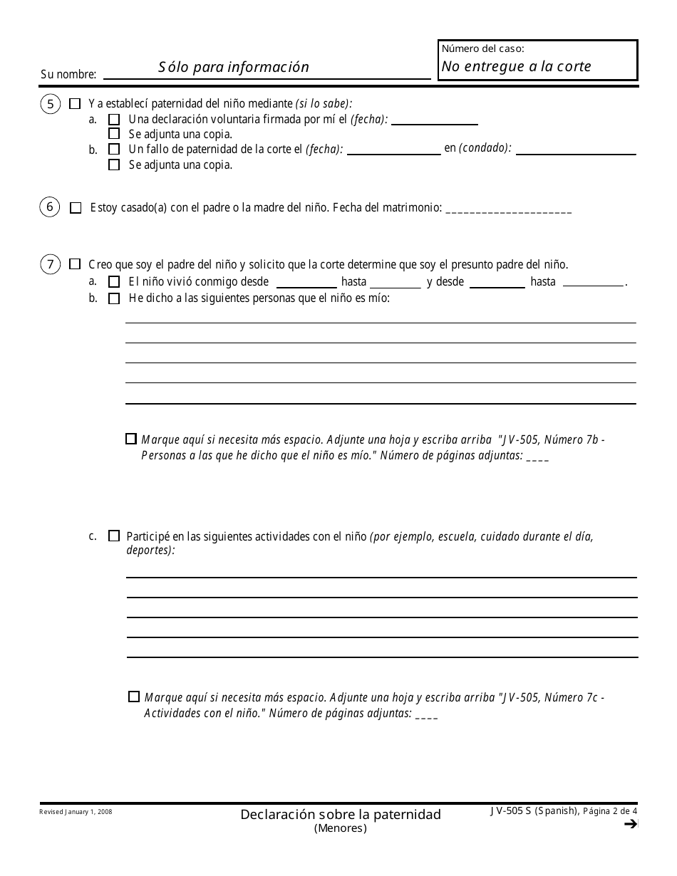 Formulario JV-505 S Declaracion Sobre La Paternidad - California (Spanish), Page 2