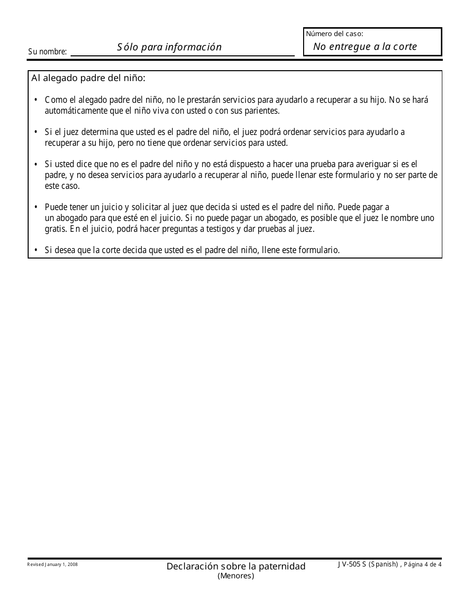 Formulario JV-505 S Declaracion Sobre La Paternidad - California (Spanish), Page 4