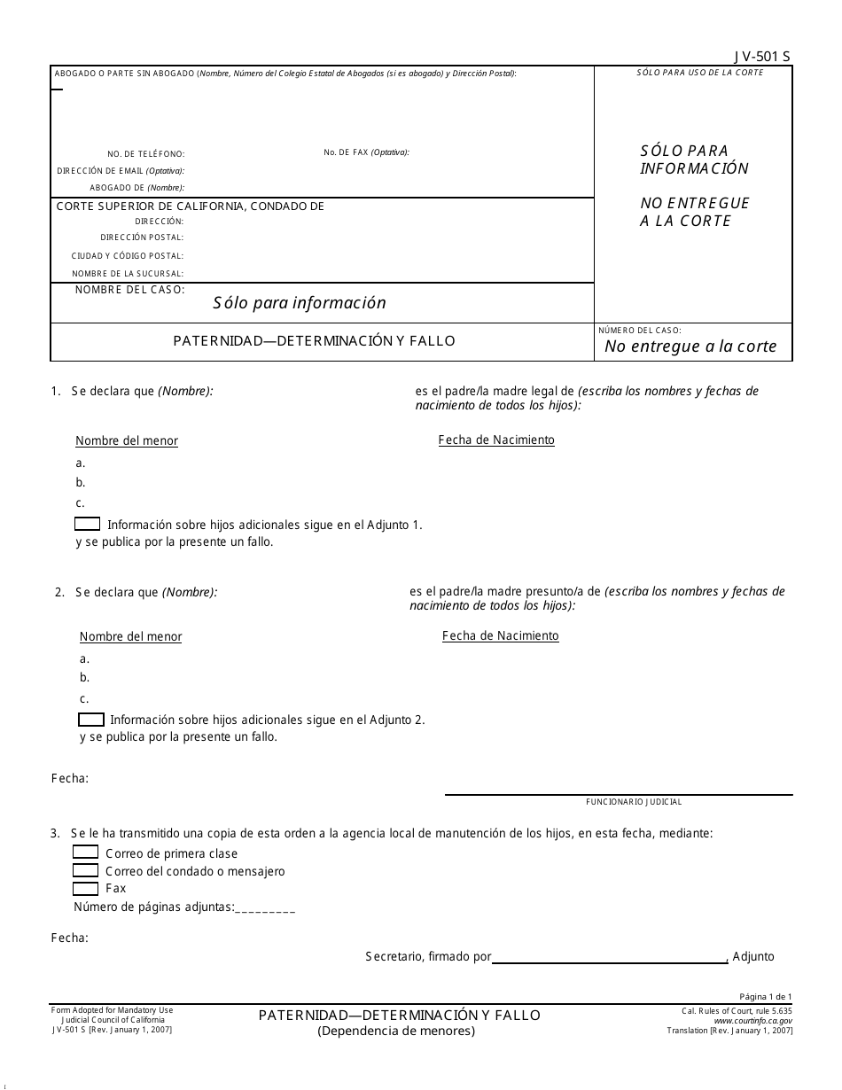 Formulario JV-501 S Paternidad - Determinacion Y Fallo - California (Spanish), Page 1
