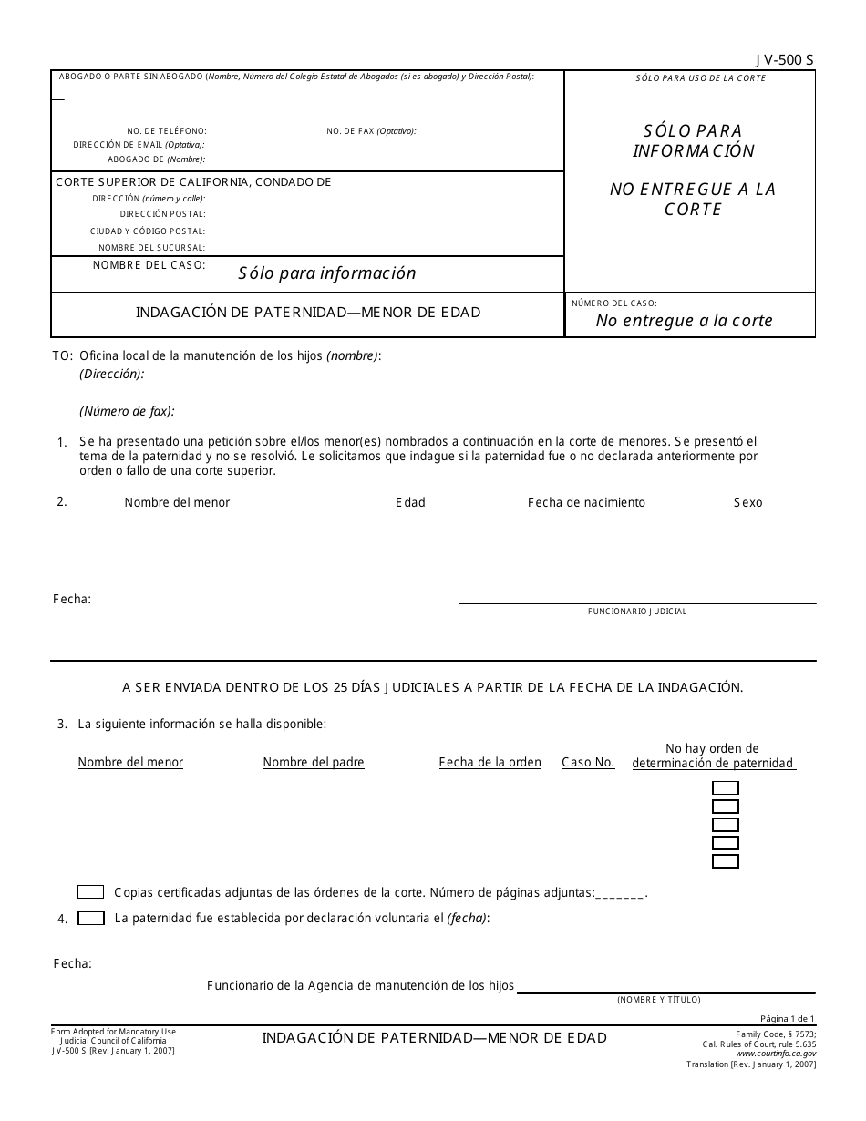 Formulario JV-500 S Indagacion De Paternidad - Menor De Edad - California (Spanish), Page 1