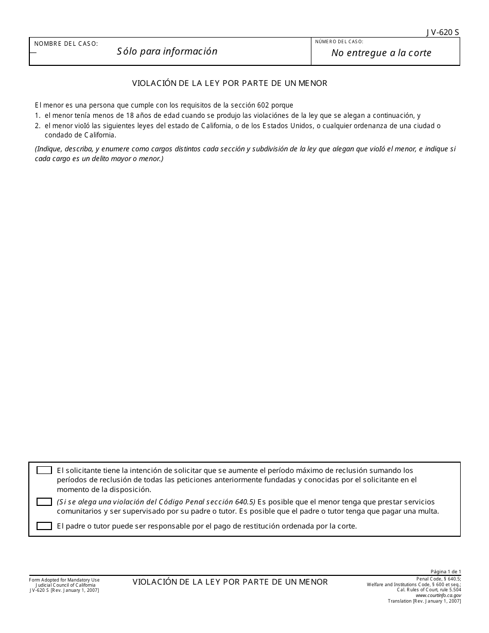 Formulario Jv 620 S Fill Out Sign Online And Download Printable Pdf California Spanish 5464