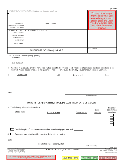 Form JV-500 Parentage Inquiry - Juvenile - California