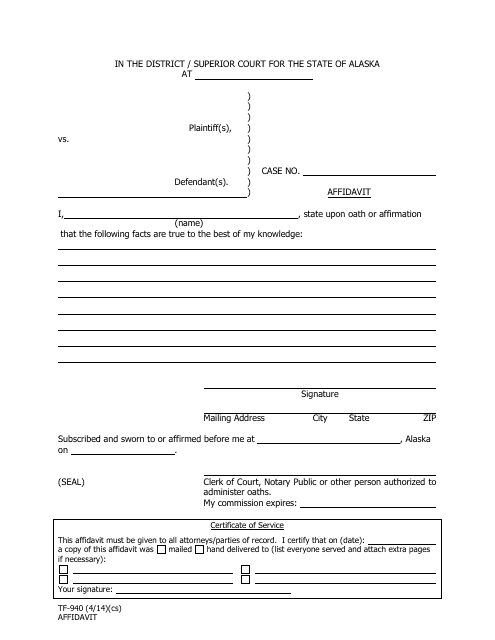 Form TF-940 Affidavit - Alaska