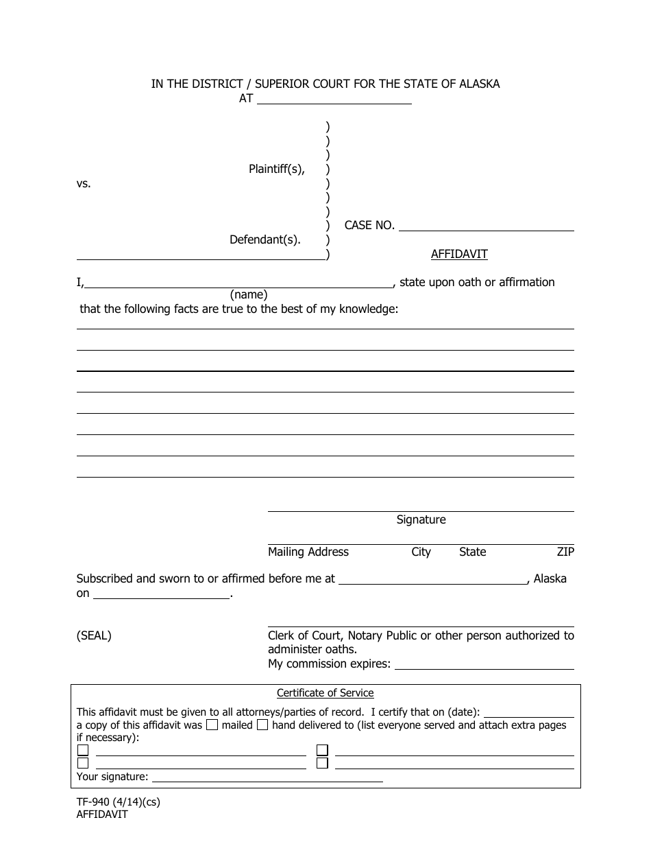 Form TF-940 Affidavit - Alaska, Page 1