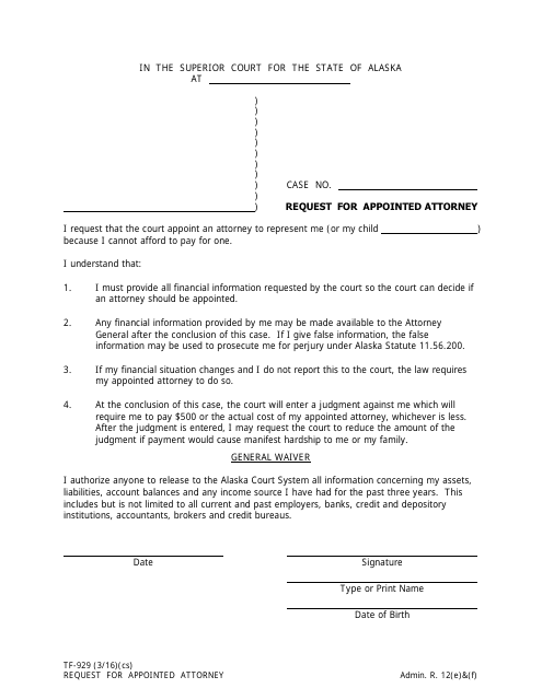 Form TF-929 Request for Appointed Attorney - Alaska