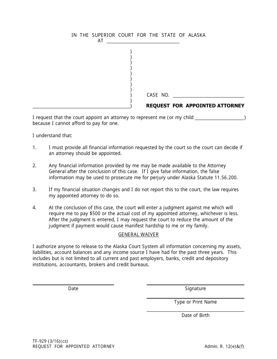 Form TF-929 Request for Appointed Attorney - Alaska, Page 1